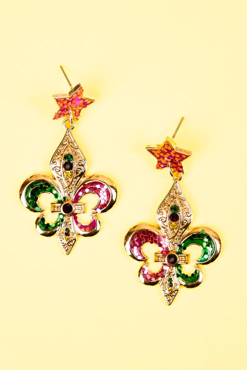 Glitter Mardi Gras Festive Goldtone Earrings