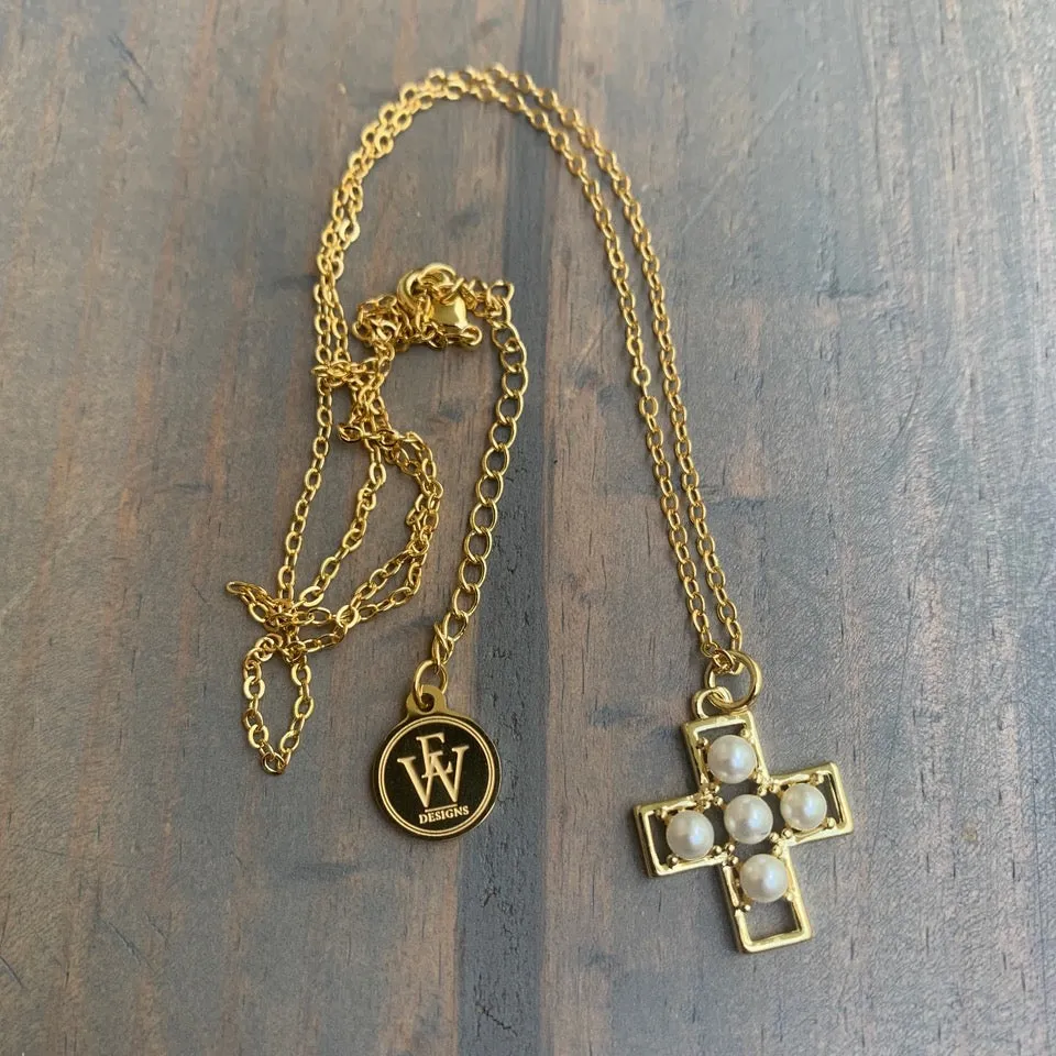 Gold Plated Necklace with Pearls in a Cross Pendant 350-06 | Erika Williner Designs