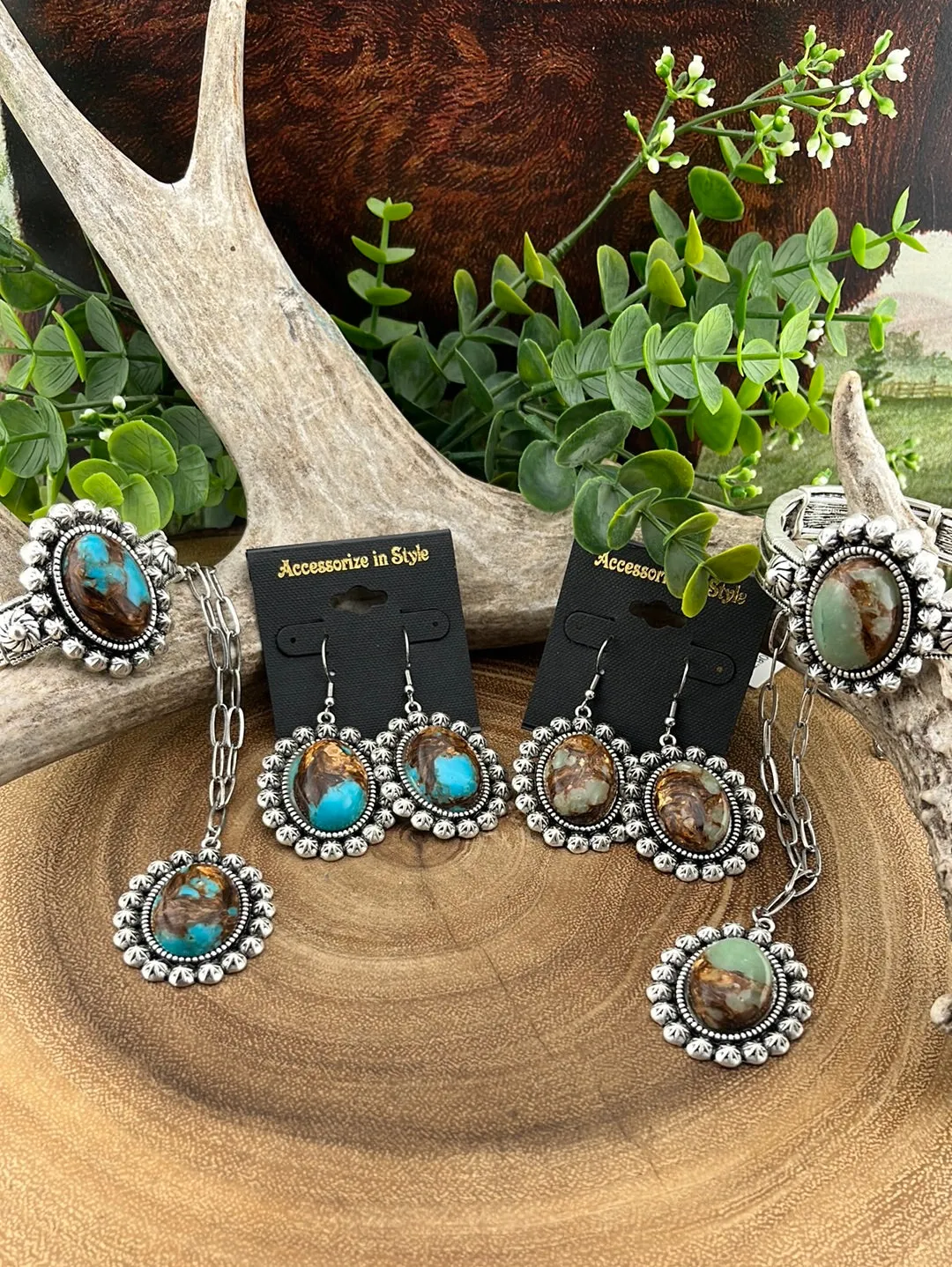 Grant Turquoise Marbled Star Necklace, Earrings & Bracelet - Blue