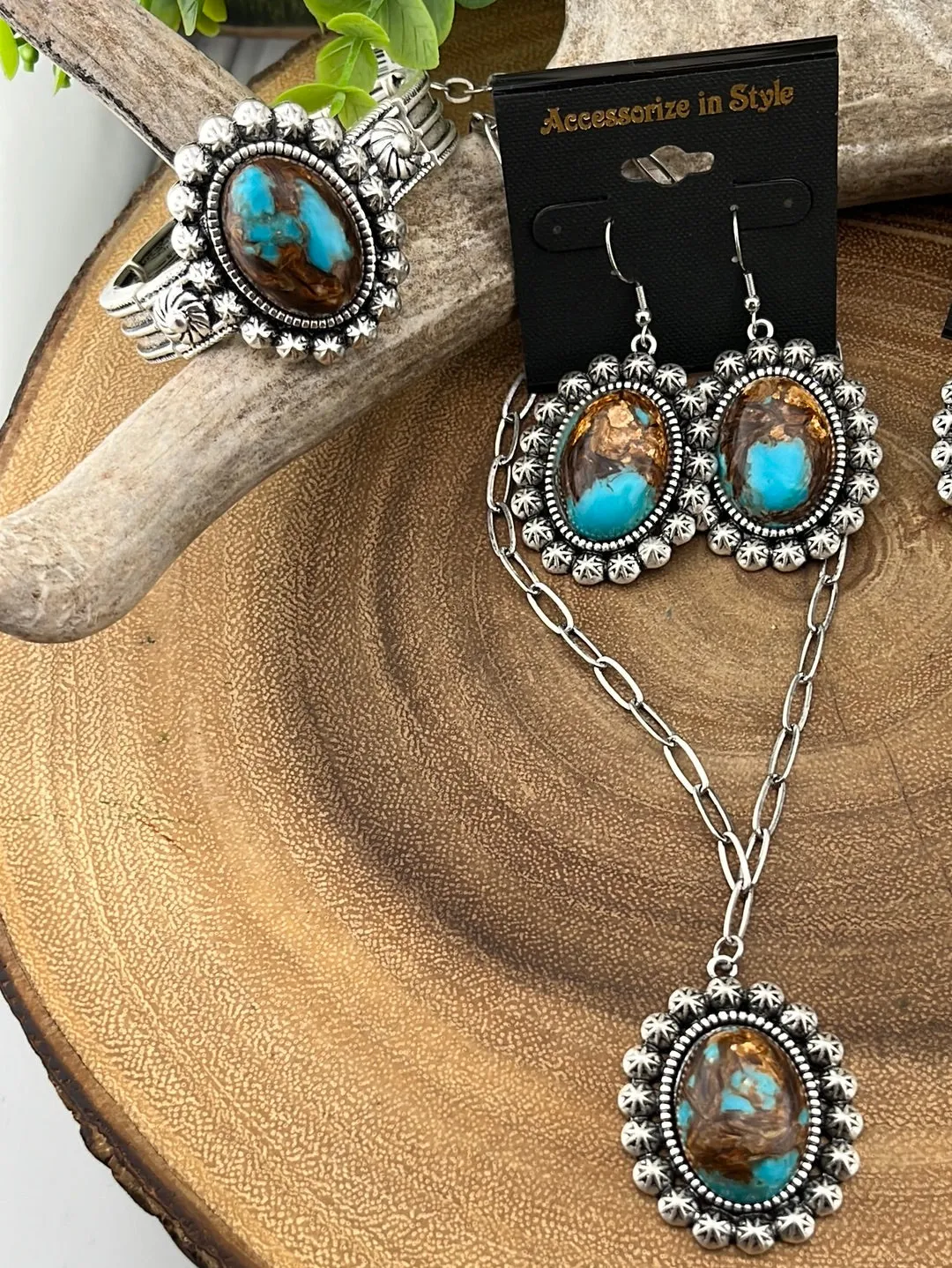 Grant Turquoise Marbled Star Necklace, Earrings & Bracelet - Blue