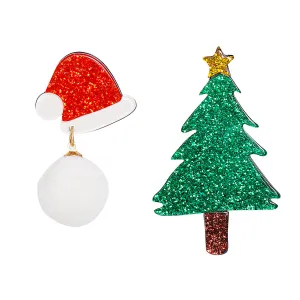 Green & Red Glitter Mismatched Christmas Tree Hat Drop Earrings