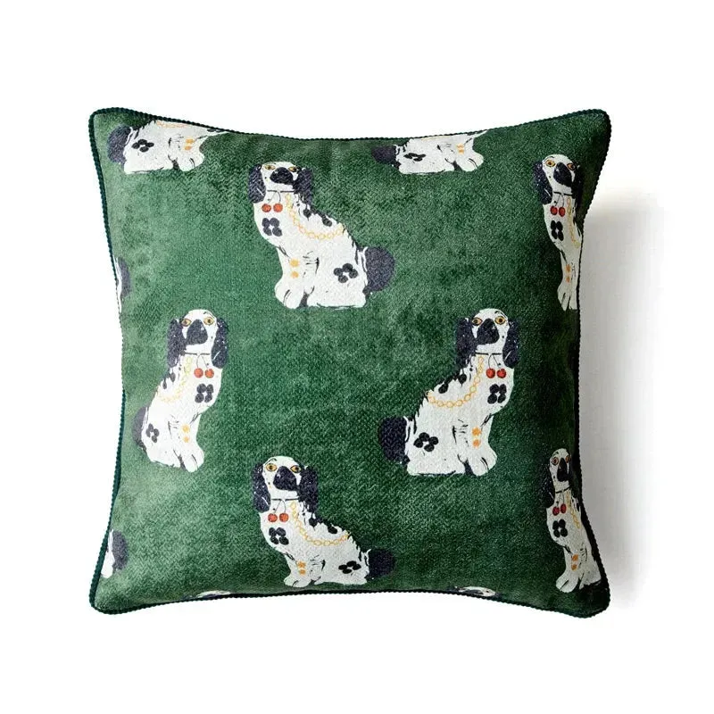 Green and White Staffordshire Dog Decorative Throw Pillow Cover