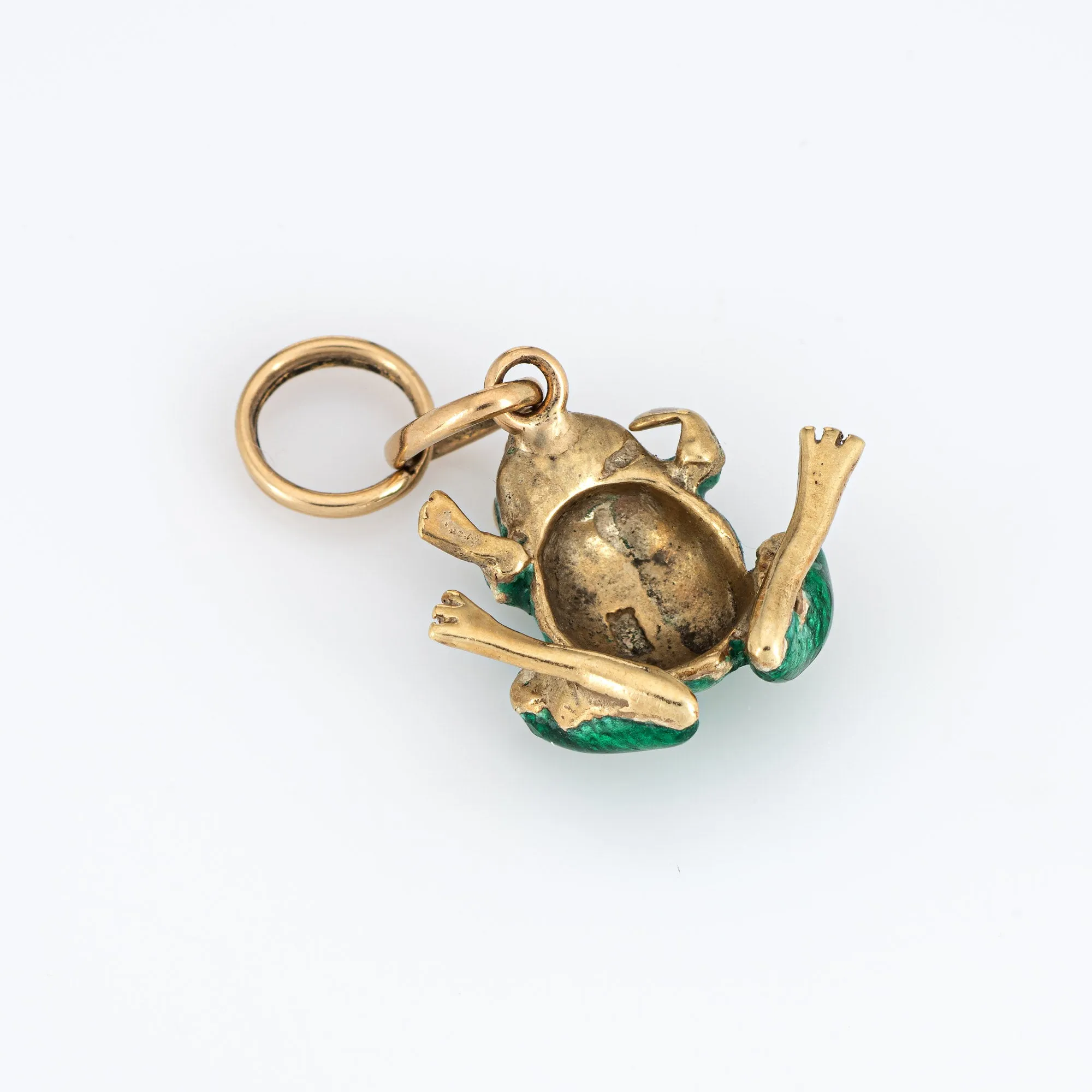 Green Enamel Frog Charm Vintage 14k Yellow Gold Pendant Estate Fine Jewelry