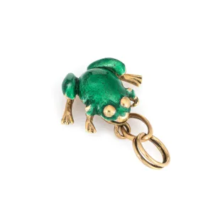 Green Enamel Frog Charm Vintage 14k Yellow Gold Pendant Estate Fine Jewelry