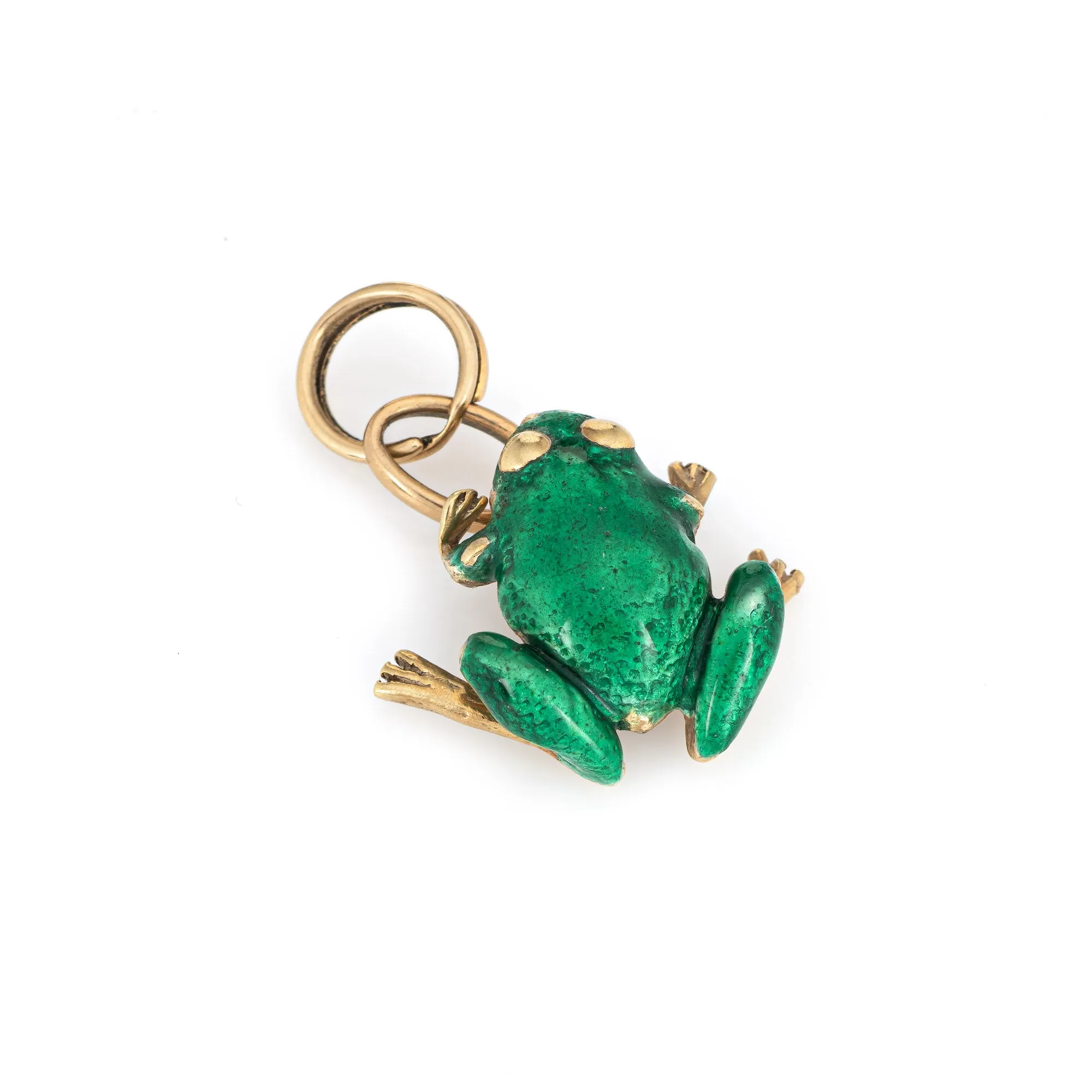 Green Enamel Frog Charm Vintage 14k Yellow Gold Pendant Estate Fine Jewelry