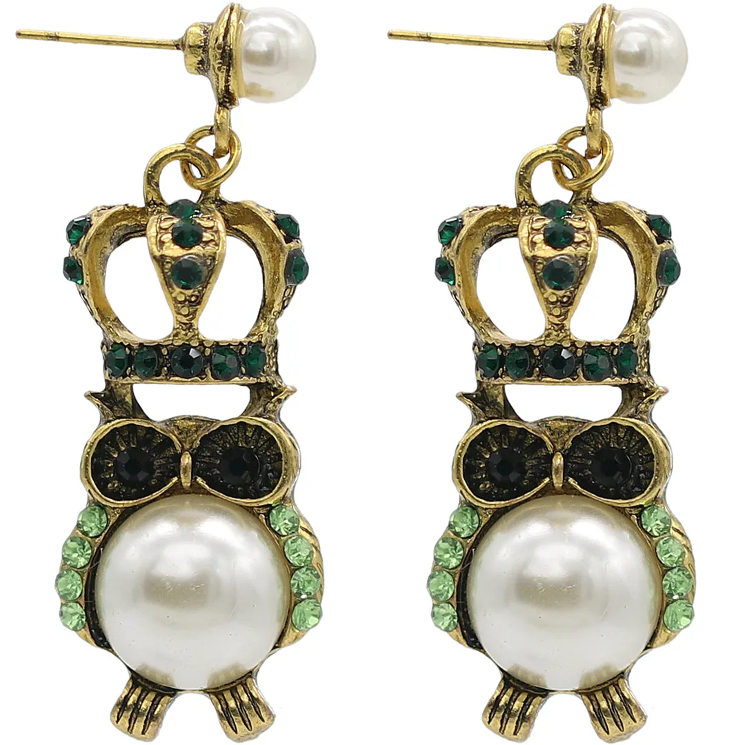 Green Faux Pearl Owl Crown Dangle Earrings