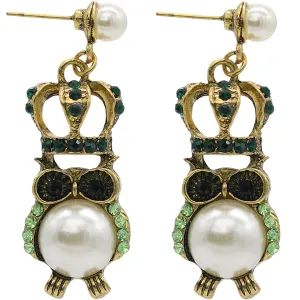 Green Faux Pearl Owl Crown Dangle Earrings