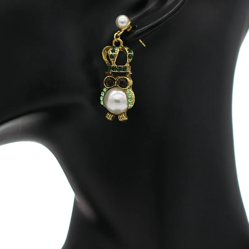 Green Faux Pearl Owl Crown Dangle Earrings
