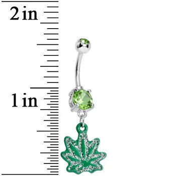 Green Gem Sparkle Like a Ganja Leaf Dangle Belly Ring