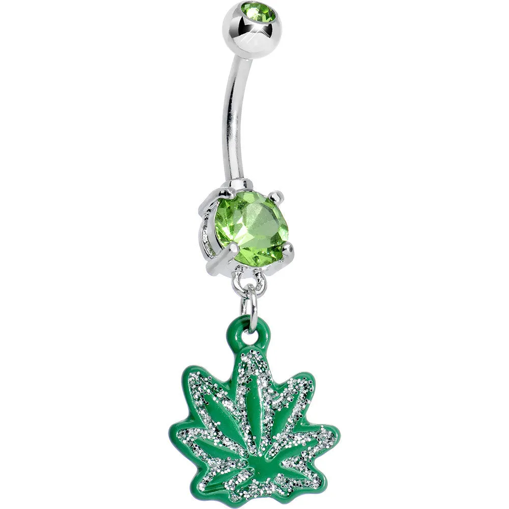 Green Gem Sparkle Like a Ganja Leaf Dangle Belly Ring