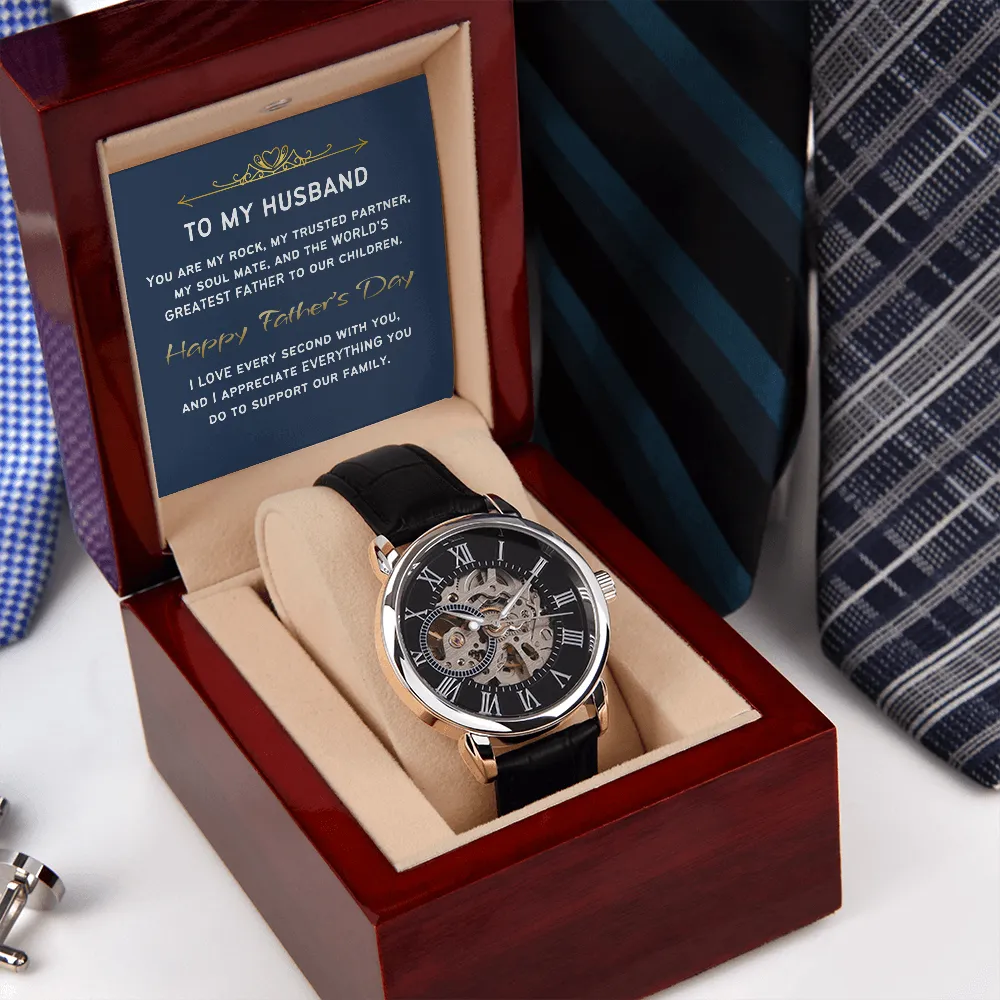 Happy Father's Day - Greatest Dad | Stainless Steel & Real Leather Luxury Open Face Timepiece Men's Watch
