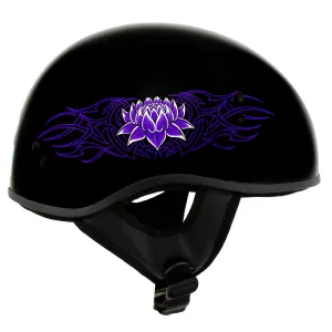 HLD1005 Lady Lotus Gloss Black Motorcycle DOT Approved Skull Cap Half Helmet for Men and Women Biker
