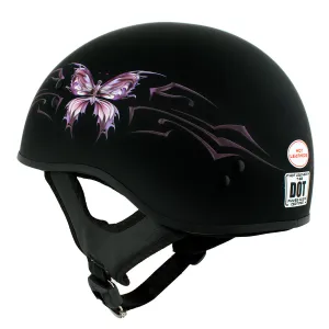 HLD1052 New Purple Butterfly Flat Black Motorcycle DOT Skull Cap Half Helmet for Men and Women Biker