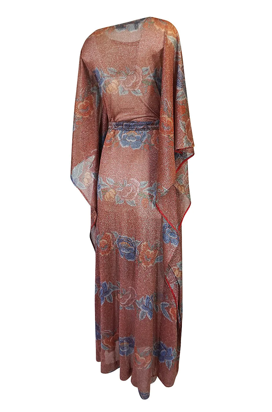Iconic c.1972-73 Missoni Floral Print Metallic Lurex Caftan Dress