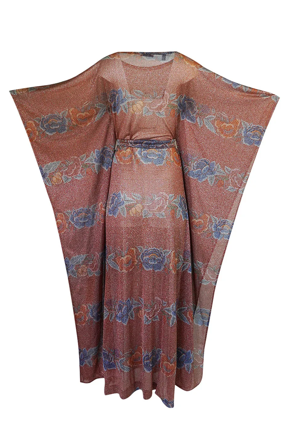 Iconic c.1972-73 Missoni Floral Print Metallic Lurex Caftan Dress