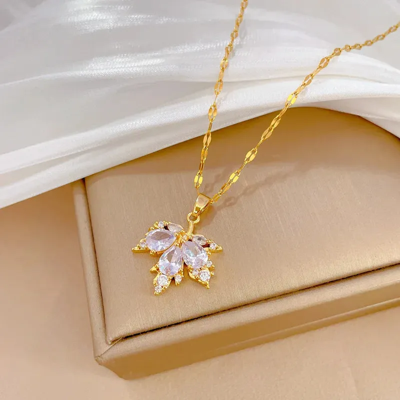 Inlaid Necklace Earring Set Light Luxury Maple Leaf Personality Temperament Banquet Earrings Clavicle Chain