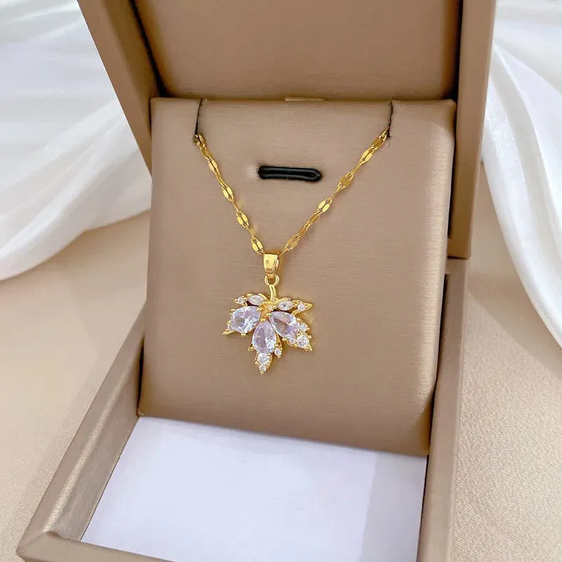 Inlaid Necklace Earring Set Light Luxury Maple Leaf Personality Temperament Banquet Earrings Clavicle Chain