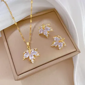 Inlaid Necklace Earring Set Light Luxury Maple Leaf Personality Temperament Banquet Earrings Clavicle Chain