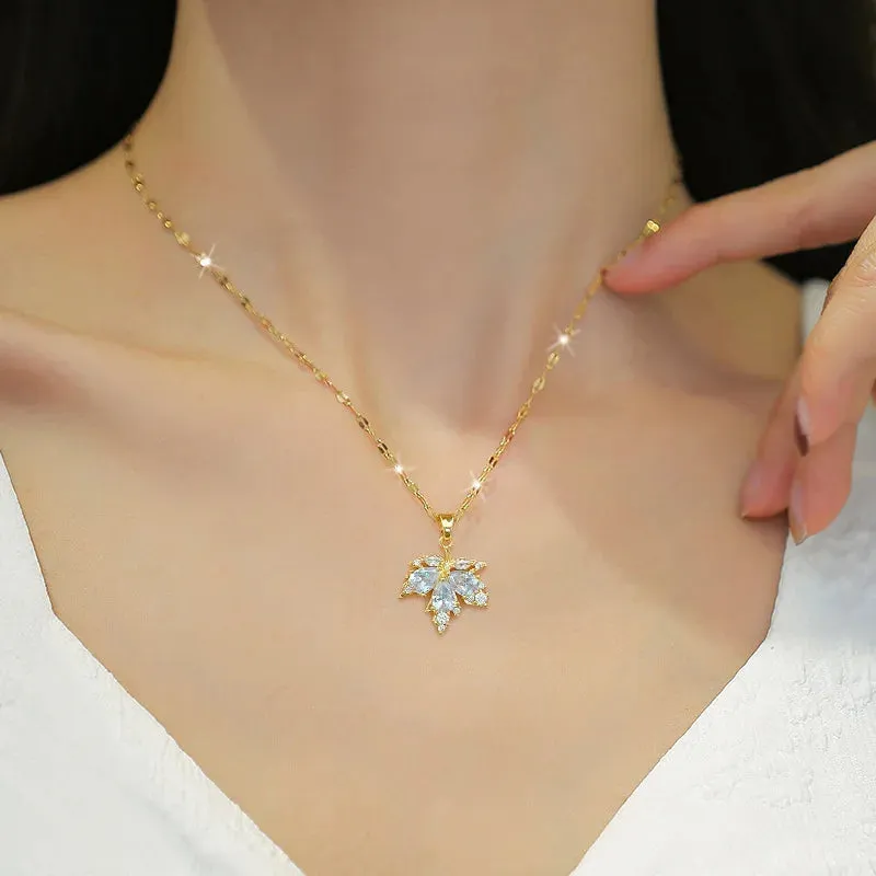 Inlaid Necklace Earring Set Light Luxury Maple Leaf Personality Temperament Banquet Earrings Clavicle Chain