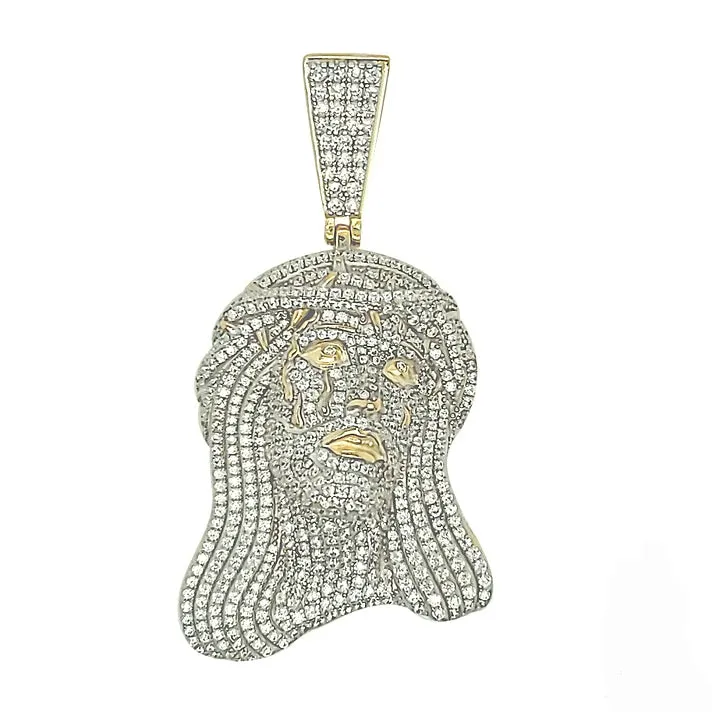 Jesus Face Crown Christ Iced Out Sterling 925 w/CZ 1.5" Charm Pendant - C413549