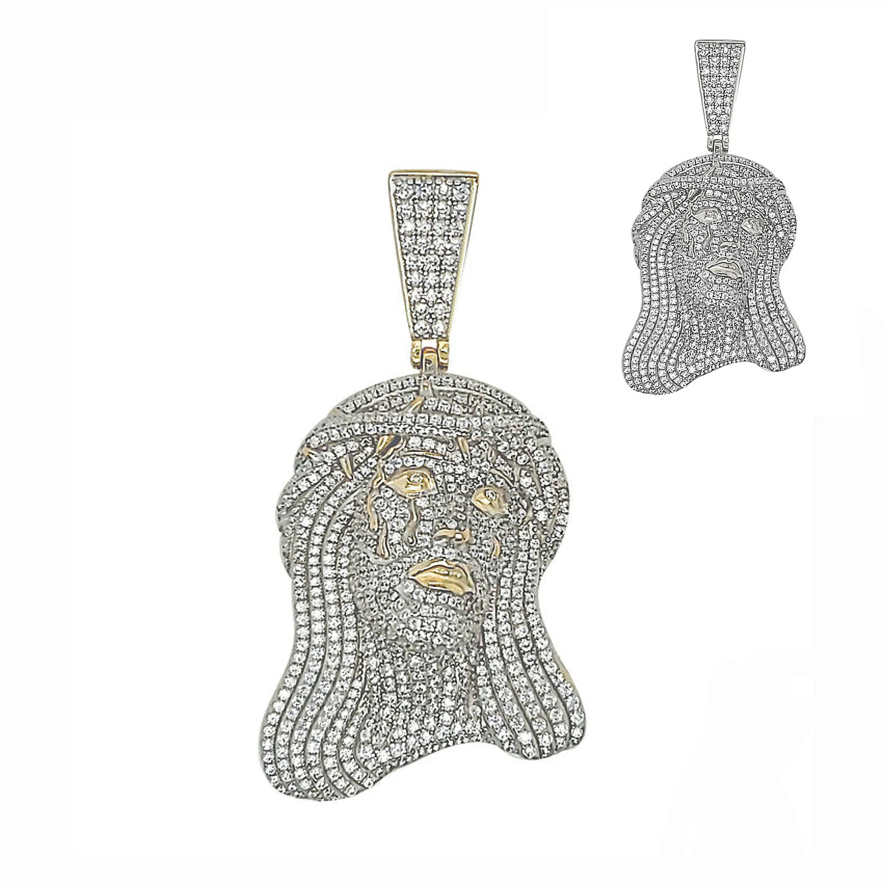 Jesus Face Crown Christ Iced Out Sterling 925 w/CZ 1.5" Charm Pendant - C413549