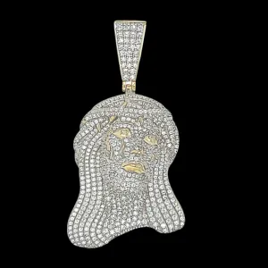 Jesus Face Crown Christ Iced Out Sterling 925 w/CZ 1.5" Charm Pendant - C413549