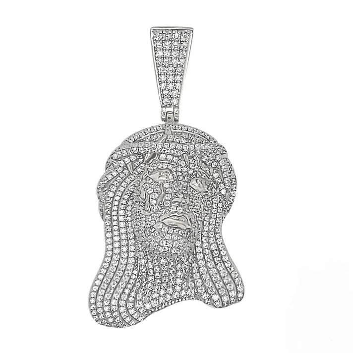 Jesus Face Crown Christ Iced Out Sterling 925 w/CZ 1.5" Charm Pendant - C413549