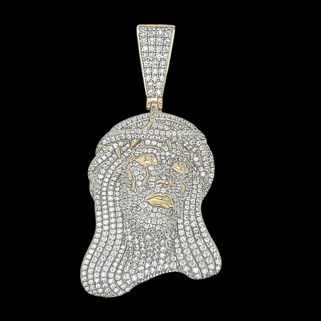 Jesus Face Crown Christ Iced Out Sterling 925 w/CZ 1.5" Charm Pendant - C413549