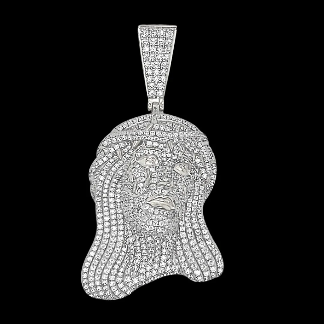Jesus Face Crown Christ Iced Out Sterling 925 w/CZ 1.5" Charm Pendant - C413549