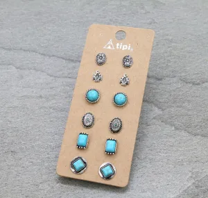 Kaylee Thunderbird Concho Themed Turquoise Stud Earring Set - 6 pairs