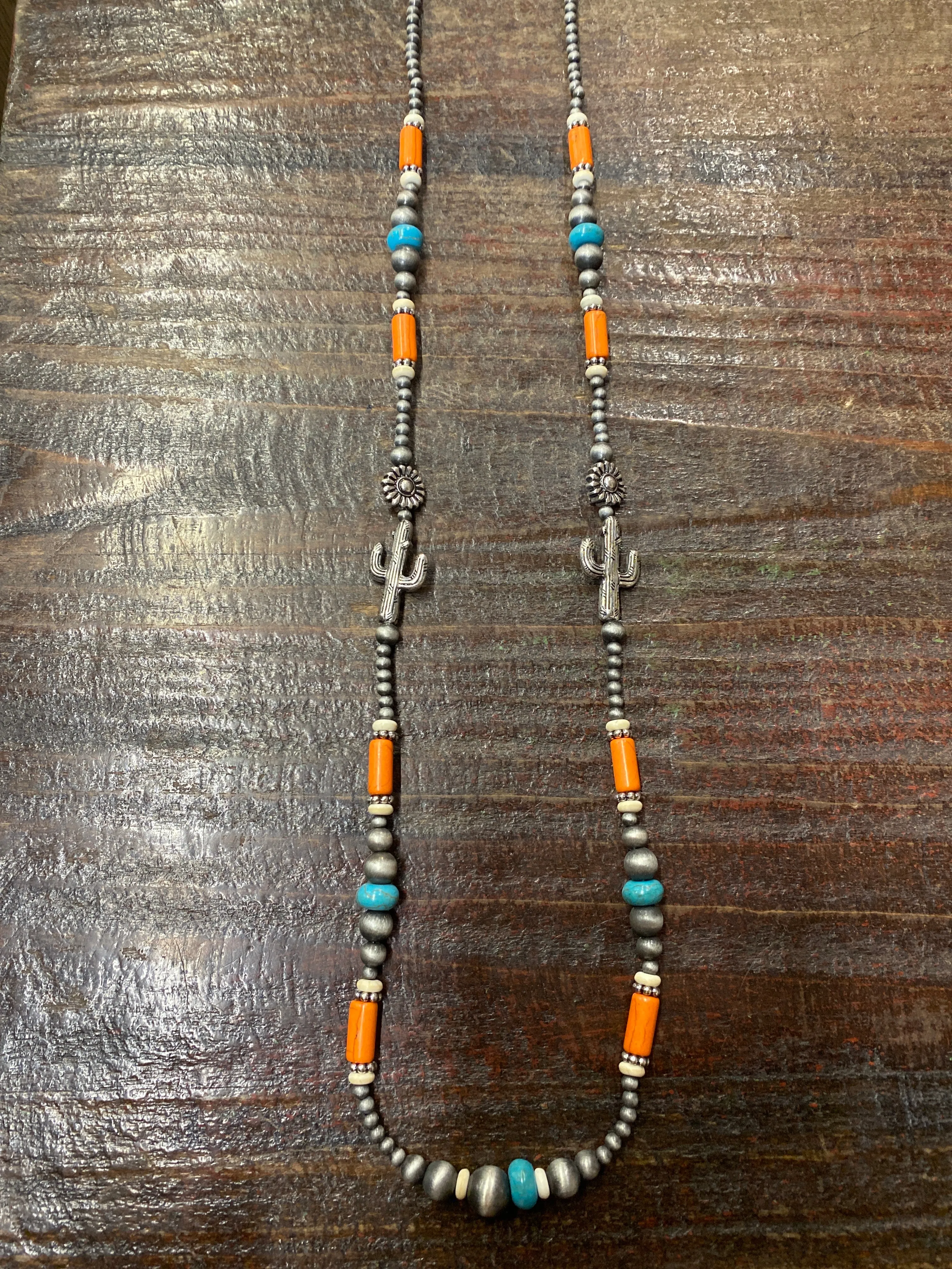 Kerri Navajo Beaded Cactus Necklace & Earrings - TQ/Orange/White