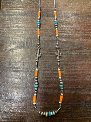 Kerri Navajo Beaded Cactus Necklace & Earrings - TQ/Orange/White