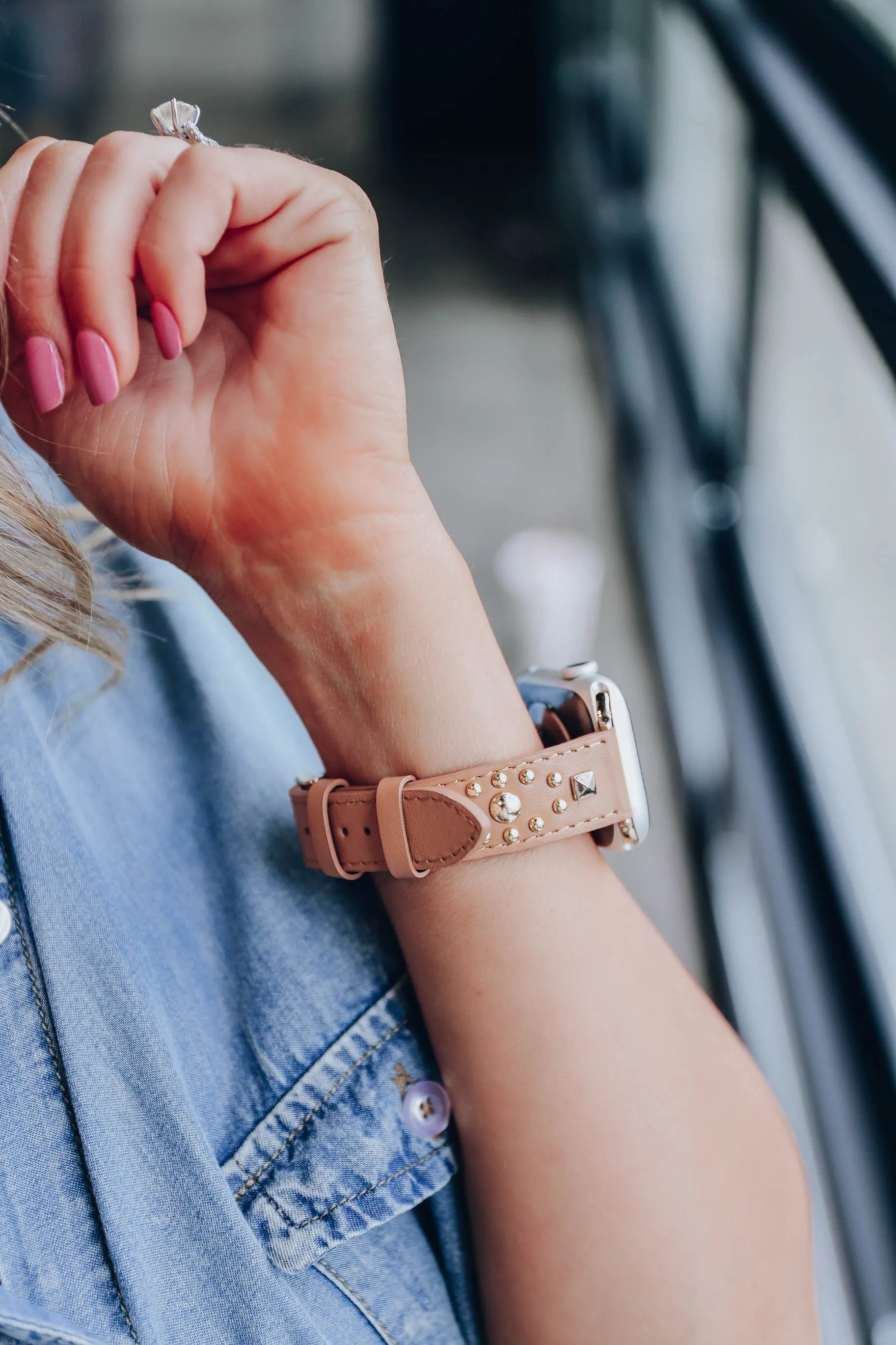 Leather Studded Smart Watch Band - Tan