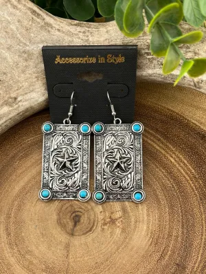 Lone Star Fashion Stamped Rectangle Concho Earring - Turquoise