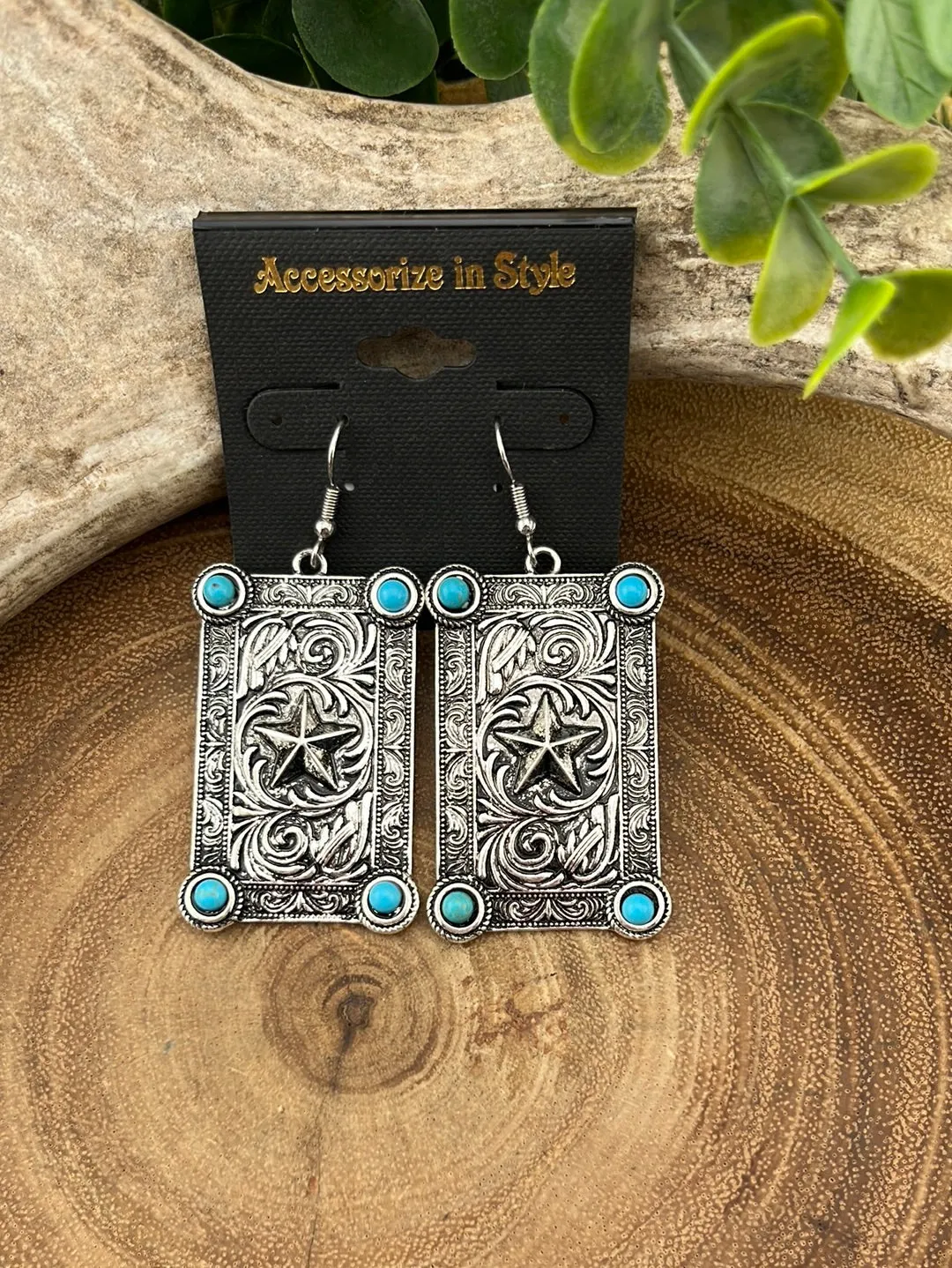 Lone Star Fashion Stamped Rectangle Concho Earring - Turquoise