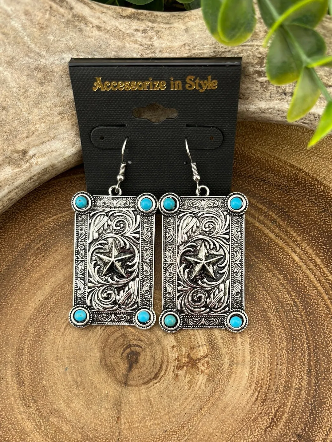 Lone Star Fashion Stamped Rectangle Concho Earring - Turquoise