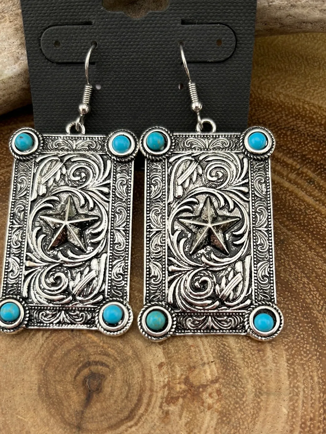 Lone Star Fashion Stamped Rectangle Concho Earring - Turquoise