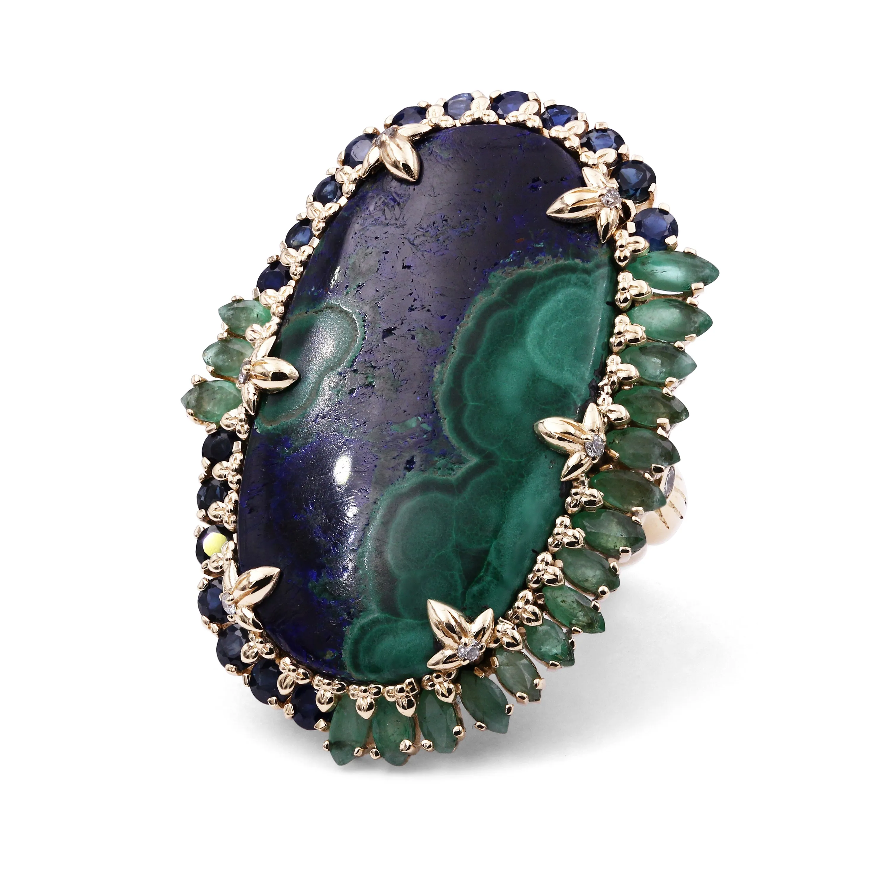 Luxury Azurite Malachite 24.8ct Emerald 1.95ct Blue Sapphire 1.45ct and Diamond 0.15ct Ring in 18K Gold