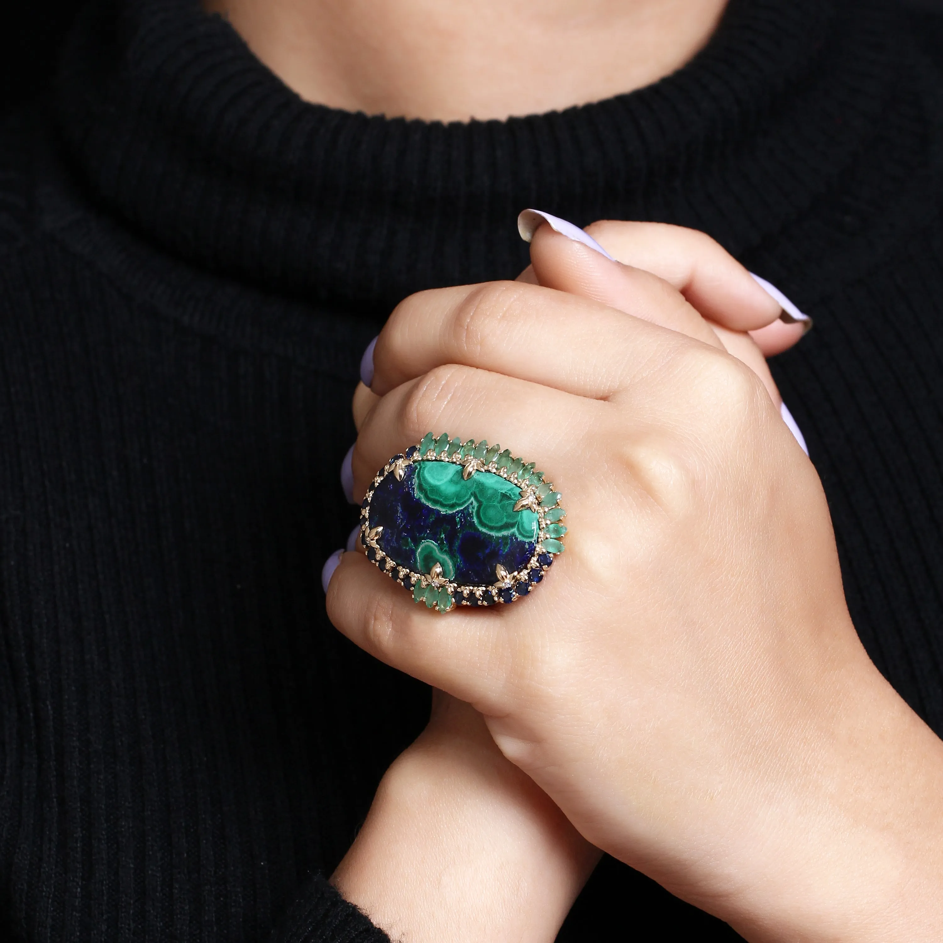 Luxury Azurite Malachite 24.8ct Emerald 1.95ct Blue Sapphire 1.45ct and Diamond 0.15ct Ring in 18K Gold