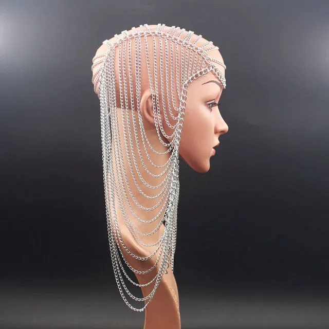 Luxury Full Metal chain Gold color Long Tassel Head chain hair jewelry
