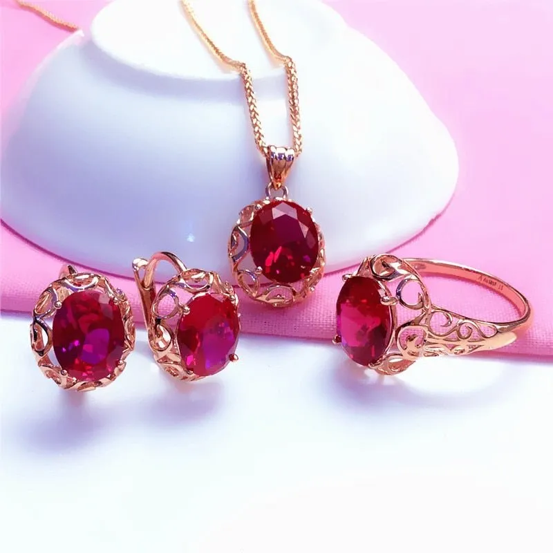 Luxury inlaid ruby jewelry set 585 Gold Rose Wedding Jewelry