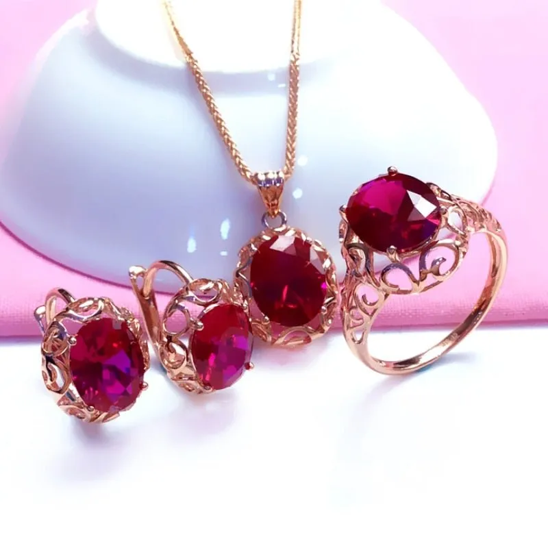 Luxury inlaid ruby jewelry set 585 Gold Rose Wedding Jewelry