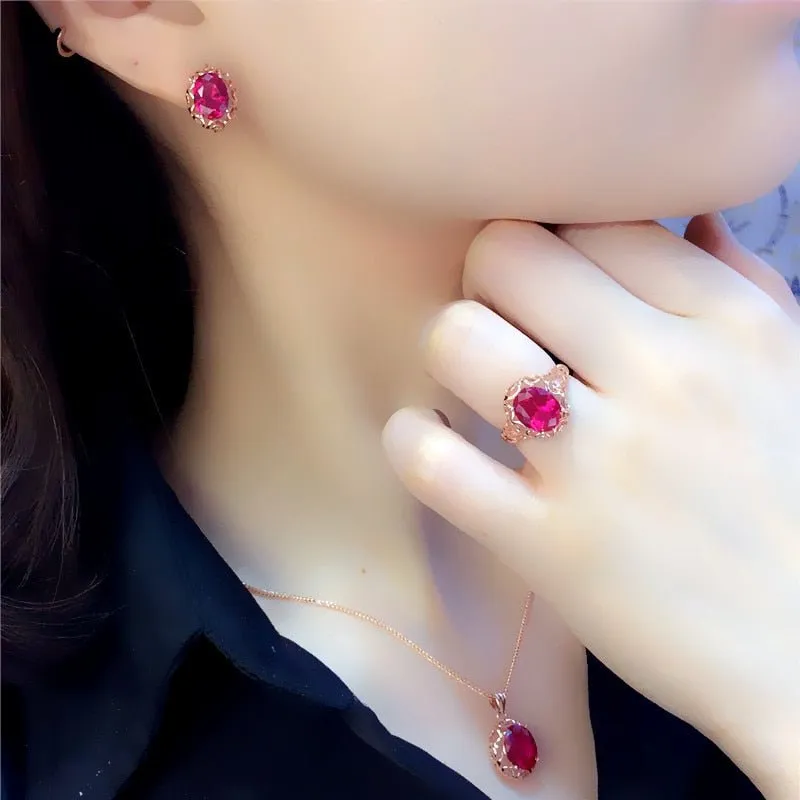 Luxury inlaid ruby jewelry set 585 Gold Rose Wedding Jewelry