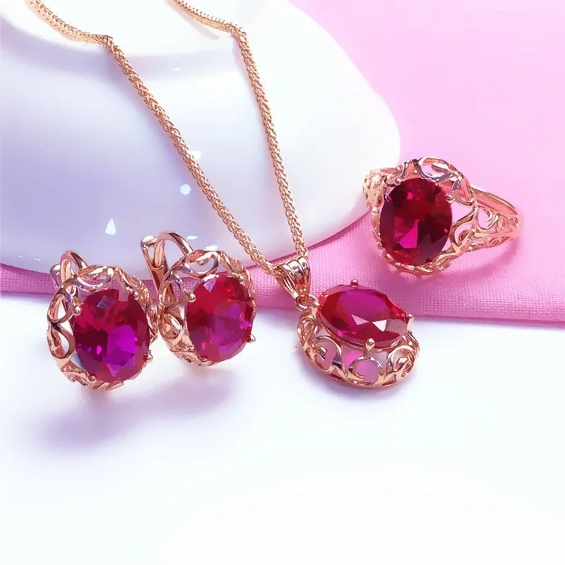 Luxury inlaid ruby jewelry set 585 Gold Rose Wedding Jewelry