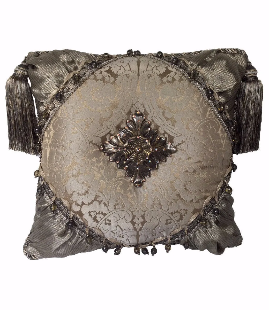 Luxury Pillow Gray Damask with Jeweled Medallion 19x19
