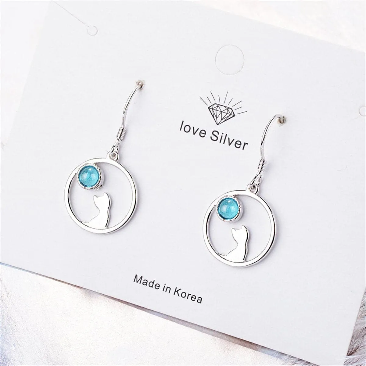 Moonstone & Silver-Plated Cat Drop Earrings