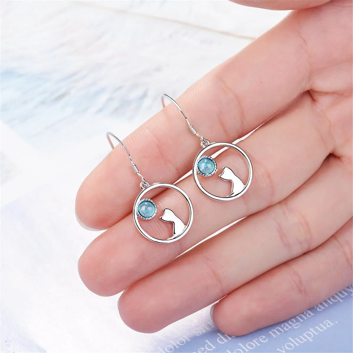 Moonstone & Silver-Plated Cat Drop Earrings