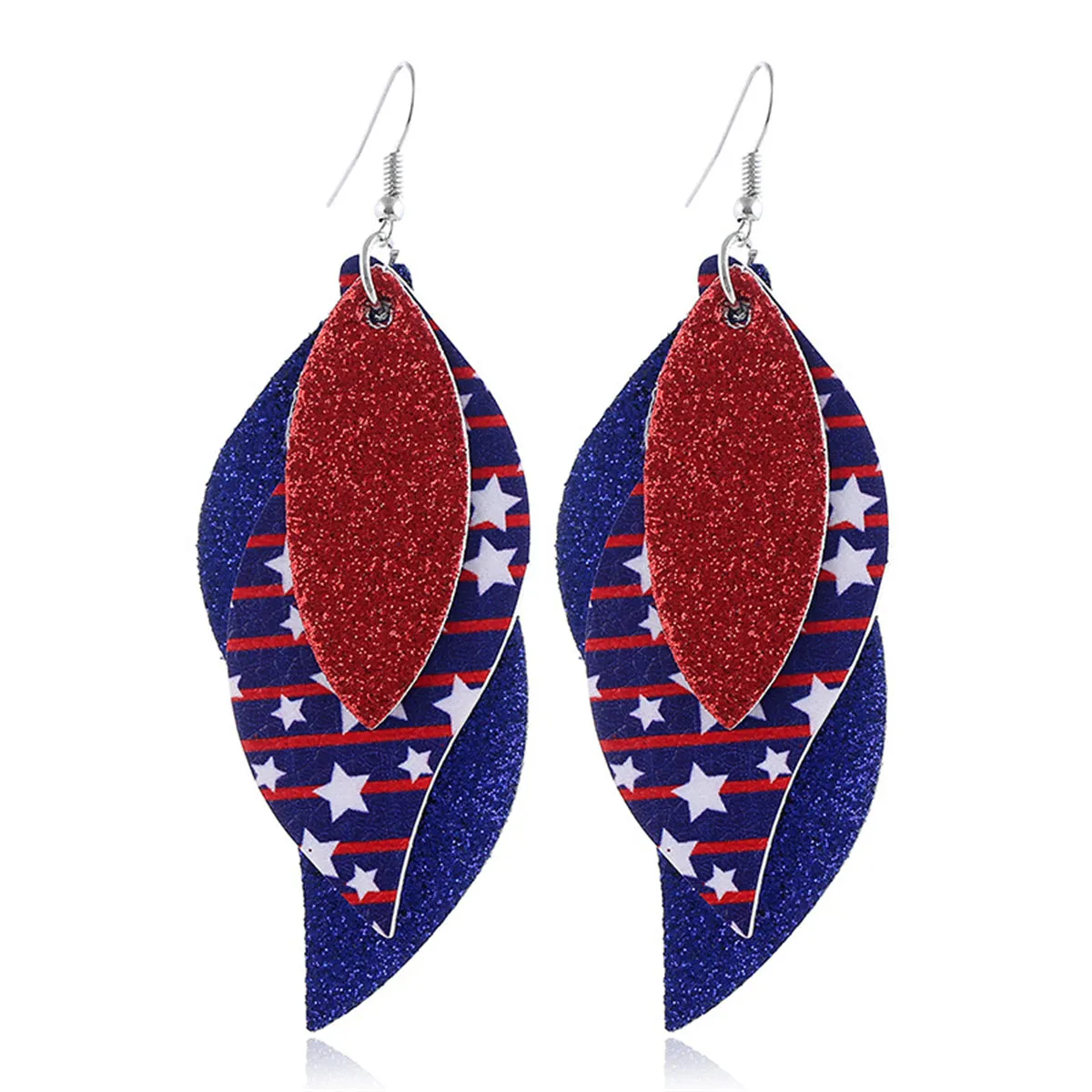 Navy & Red Polystyrene Stars & Stripes Glitter Triple Drop Earrings