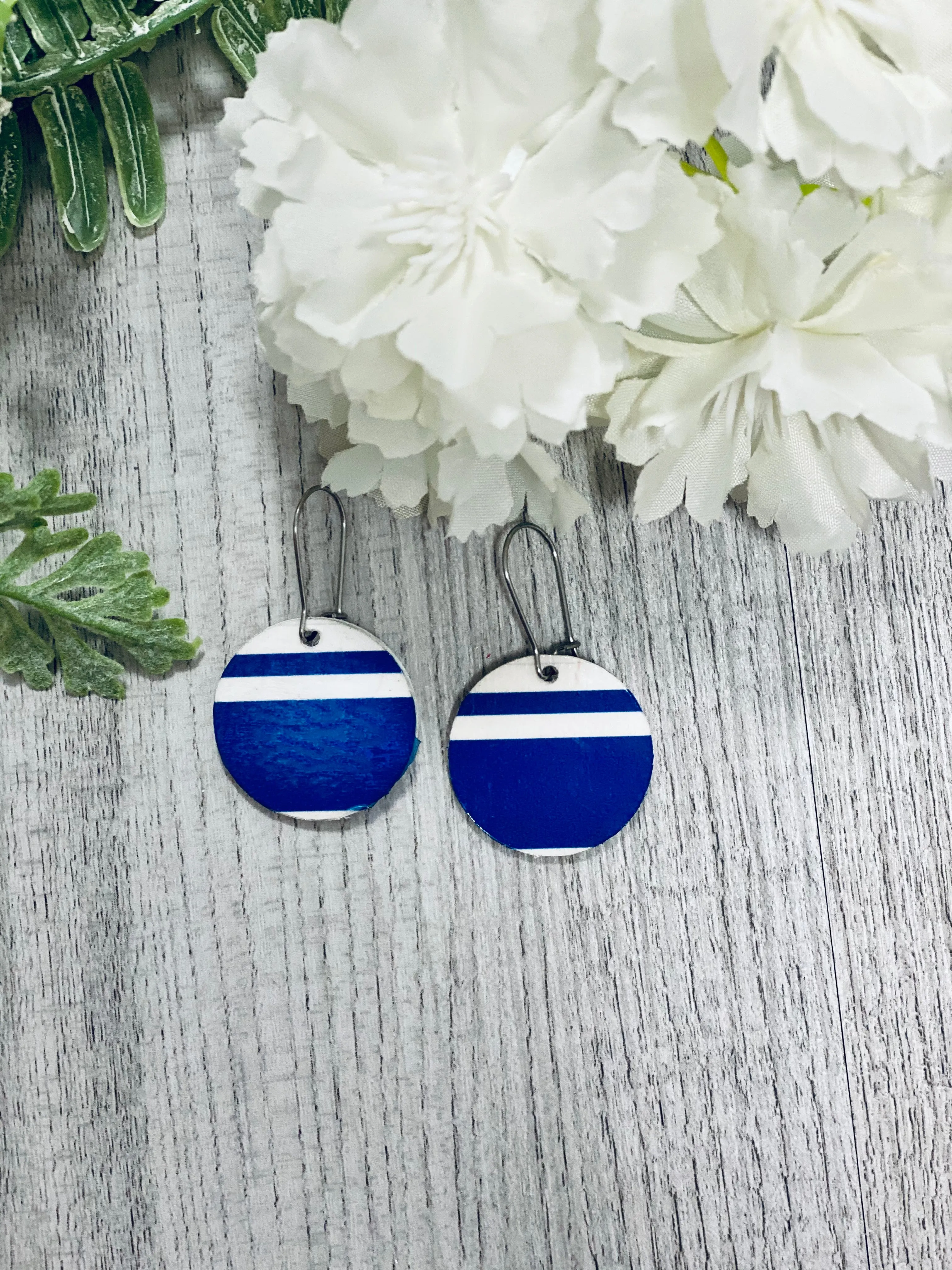 Navy & White Striped Wooden Earrings