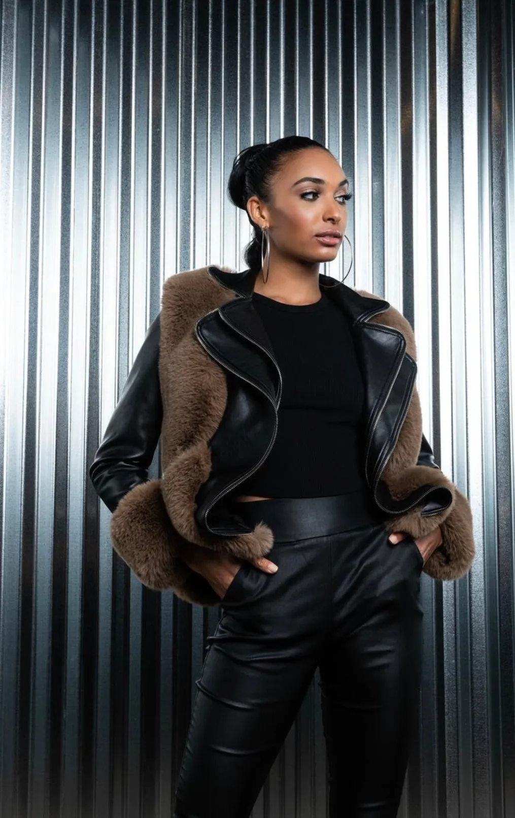 Orion Lollipop Faux Leather and Fur Crop Jacket